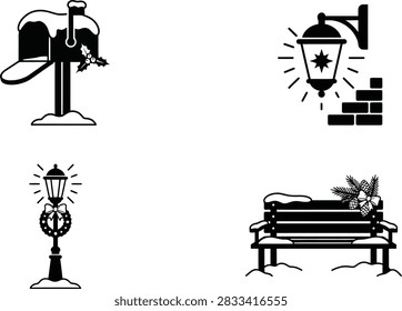 A collection of four black and white vector icons featuring winter and Christmas themed outdoor elements like a mailbox, street lamps, and a park bench.