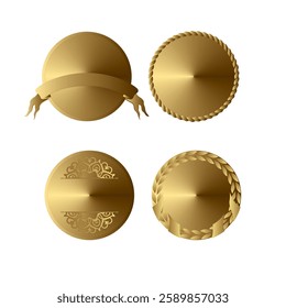  A collection of four blank gold medals featuring unique decorative borders. Each medal has a smooth, reflective surface, perfect for engraving or customization. The designs include a ribbon banner