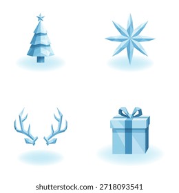 Coleção de quatro ícones azuis geométricos baixos poli com uma árvore de Natal, uma estrela de oito pontas, galhadas de renas e uma caixa de presente em um fundo branco