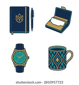 A collection of four blue and gold patterned accessories including a notebook pen watch mug and card holder