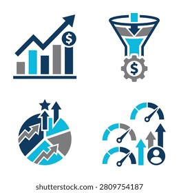 A collection of four blue and grey business icons representing financial growth sales funnel market share pie chart and performance metrics gauges