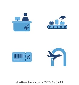 Uma coleção de quatro ícones azuis representando os serviços aeroportuários: balcão de check-in, reclamação de bagagem, cartão de embarque e avião.