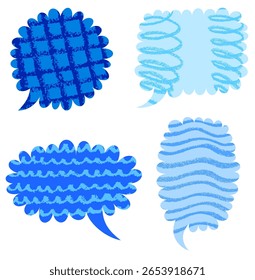 Colección de cuatro burbujas de discurso con textura azul en estilo dibujado a mano. Ilustración vectorial.