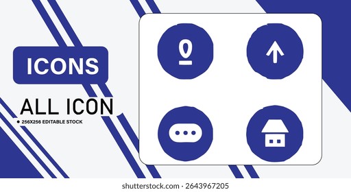A collection of four blue and white icons, including a home, up arrow, and more options icon.