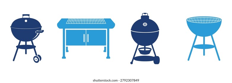 Collection of four blue-toned illustrations featuring various outdoor BBQ grills and a cooking station