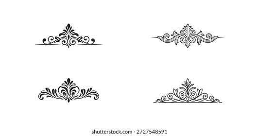 Uma coleção de quatro floreios caligráficos pretos e ornamentos florais para cabeçalhos e separação de texto.