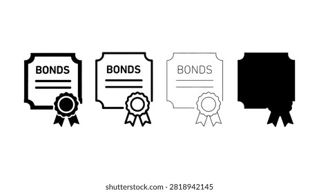 A collection of four bond document icons featuring text and seal designs in solid and outline graphic styles