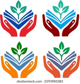 A collection of four book and hand icons with a growing plant, representing learning, sustainability, and intellectual development. The minimalist yet colorful design makes it suitable for educational