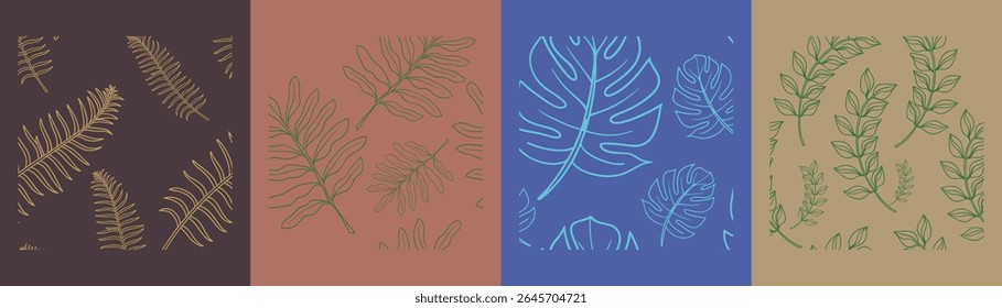 Collection of four botanical leaf pattern backgrounds in earthy tones including brown, red, blue, and tan. Ideal for natural-themed packaging, wallpapers, textiles, or organic graphic design.
