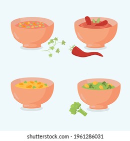 Collection of four bowls with hot soup and soup puree with greenery rusks and pepper ,herbs decorations isolated vector illustration. Bowl soup vector.
