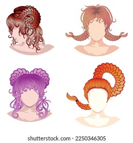 Collection of four braided hairstyles, everyday female hairdo illustration.