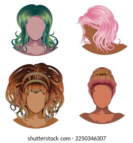 Collection of four braided hairstyles, everyday female hairdo illustration.