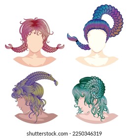 Collection of four braided hairstyles, everyday female hairdo illustration.