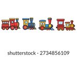 A collection of four brightly colored, cute cartoon train engines and steam locomotives is displayed in a horizontal row on a clean white background. This vibrant vector set is perfect for children