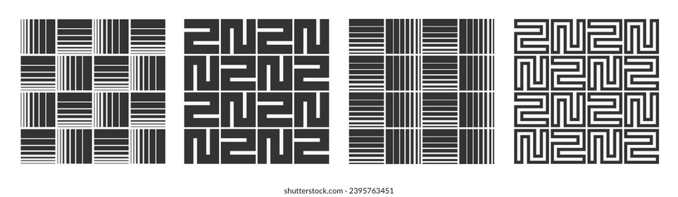 Colección de cuatro patrones vectoriales geométricos sin costura. Baldosas cuadradas geométricas monocromáticas de fondo vectorial. Texturas elegantes en blanco y negro.