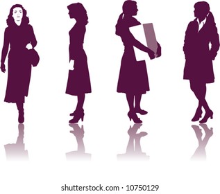 A collection of four Businesswomen silhouettes with shadows