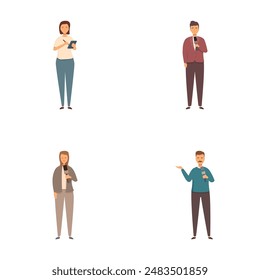 Collection of four cartoon business professionals using smartphones on a white background