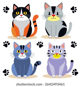 Collection of four cartoon cats with colorful fur patterns sitting with paw prints on white background. Children illustration concept
