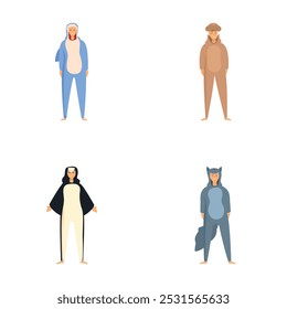 Collection of four cartoon characters dressed in cute animalthemed onesies