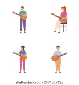 Collection of four cartoon characters, each playing an acoustic guitar, isolated on white