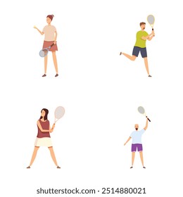 Collection of four cartoon characters, each with a badminton racket in different poses