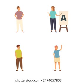 Collection of four cartoon characters engaging in different casual activities and gestures