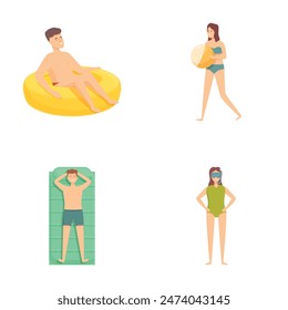 Collection of four cartoon characters ready for beach fun, featuring leisure and swimwear