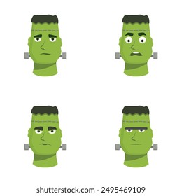 Collection of four cartoon frankenstein heads with different facial expressions