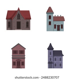 Collection of four cartoon houses with varying designs, perfect for real estate or familythemed projects