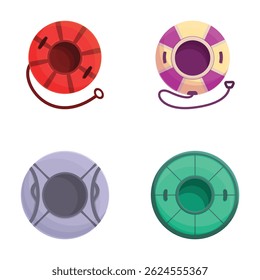 Collection of four cartoon lifebuoys in different color schemes, isolated on white background