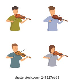 Collection of four cartoon musicians with different poses playing the violin isolated on a white background