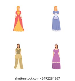 Collection of four cartoon princesses in elegant historical dresses, suitable for children's books