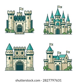 Collection of four cartoon style medieval castles and fortresses with towers and flags illustration