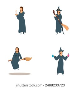 Collection of four cartoon witches with brooms, potions, and wands, isolated on white