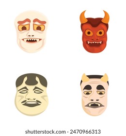 Collection of four cartoonish mask illustrations depicting various emotive and cultural designs