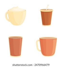 Collection of four cartoonstyle coffee cups, representing different coffee drinks