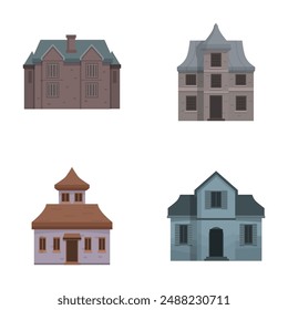 Collection of four cartoonstyle houses, isolated on a white background for easy use