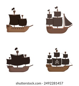 Collection of four cartoonstyle pirate ships, varying designs, isolated for design use