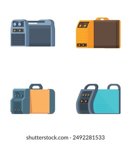 Collection of four cartoonstyle portable generators in various colors and designs