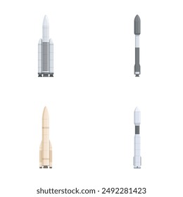 Collection of four cartoonstyle space rockets in various designs, isolated on a white background