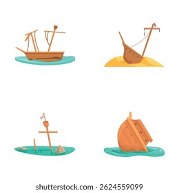A collection of four cartoonstyle stranded and shipwrecked boats on white