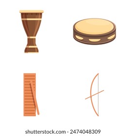 Collection of four cartoonstyle traditional musical instruments including a drum and a bow