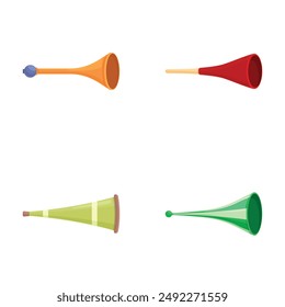 Collection of four cartoonstyle vuvuzelas in different colors, isolated on white background