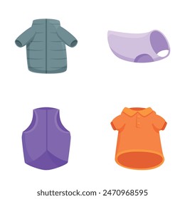 Collection of four cartoonstyle winter clothing icons featuring outerwear