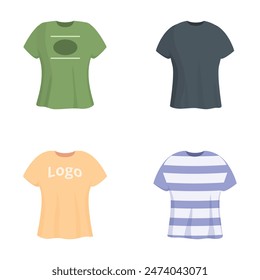 Collection of four casual tshirt icons in different colors and patterns suitable for fashion design