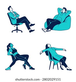 A collection of four characters including men and women sitting comfortably in office chairs and beanbags while relaxing and looking up in a modern teal and navy color palette