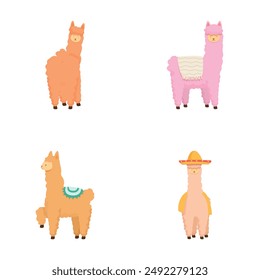 Collection of four charming cartoon llamas with unique accessories and styles on a white background