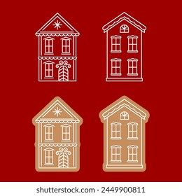 Collection of four charming hand-drawn houses in an illustration against a red