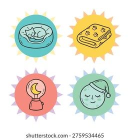 A collection of four charming icons representing sleep and comfort for pets and humans.