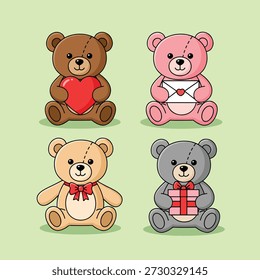 Eine Kollektion von vier charmanten Teddybären, jede mit einer einzigartigen Farbe und mit einem anderen Gegenstand, ideal für süße und verspielte Themen